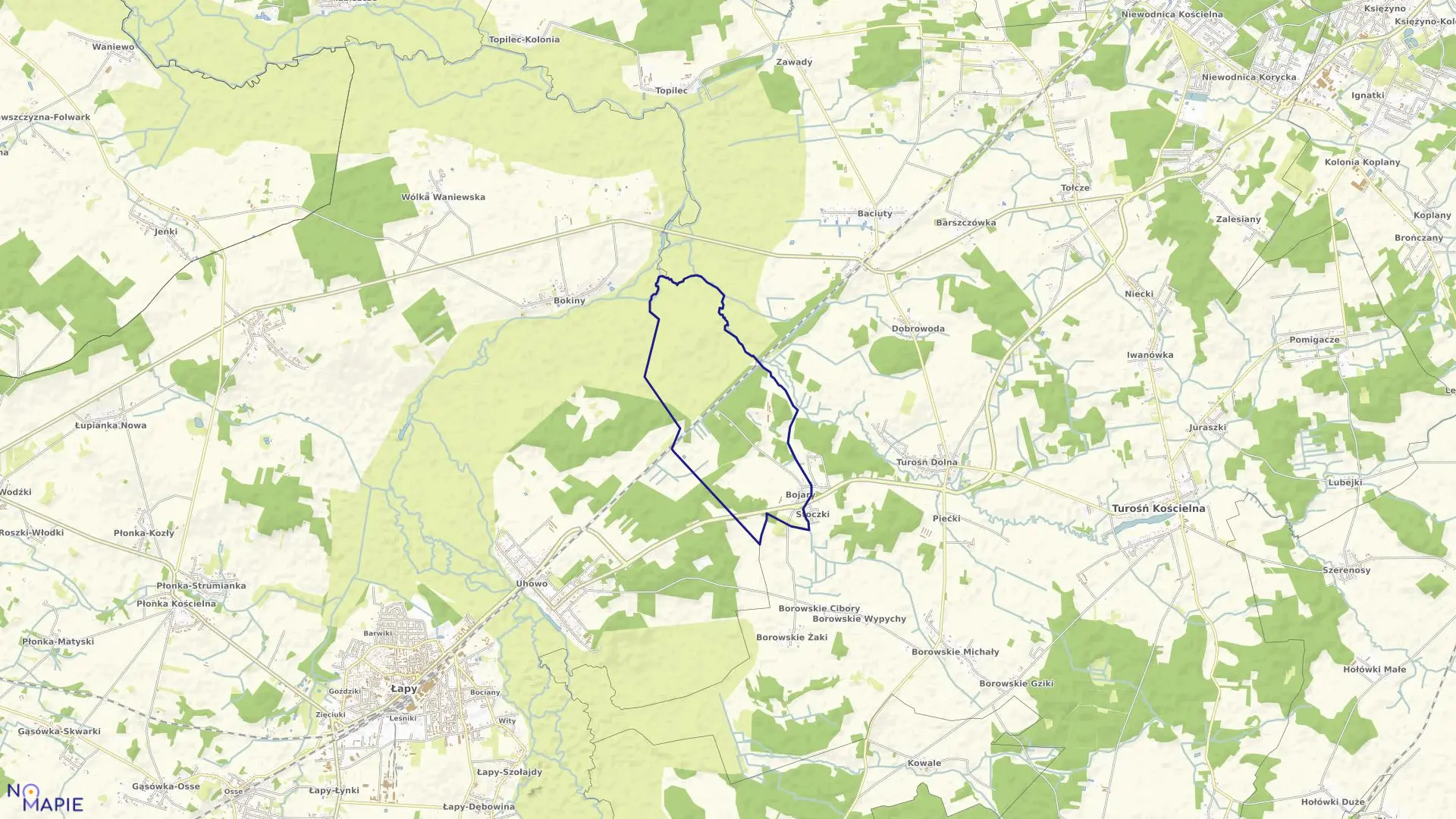 Mapa obrębu BOJARY w gminie Turośń Kościelna