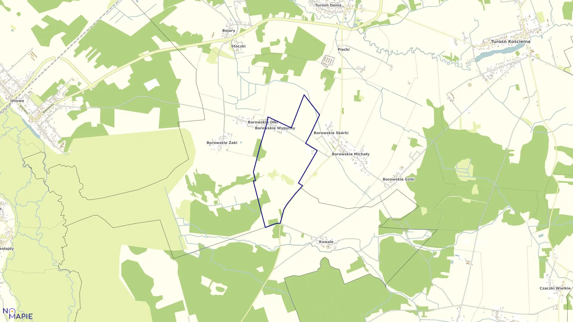 Mapa obrębu BOROWSKIE WYPYCHY w gminie Turośń Kościelna