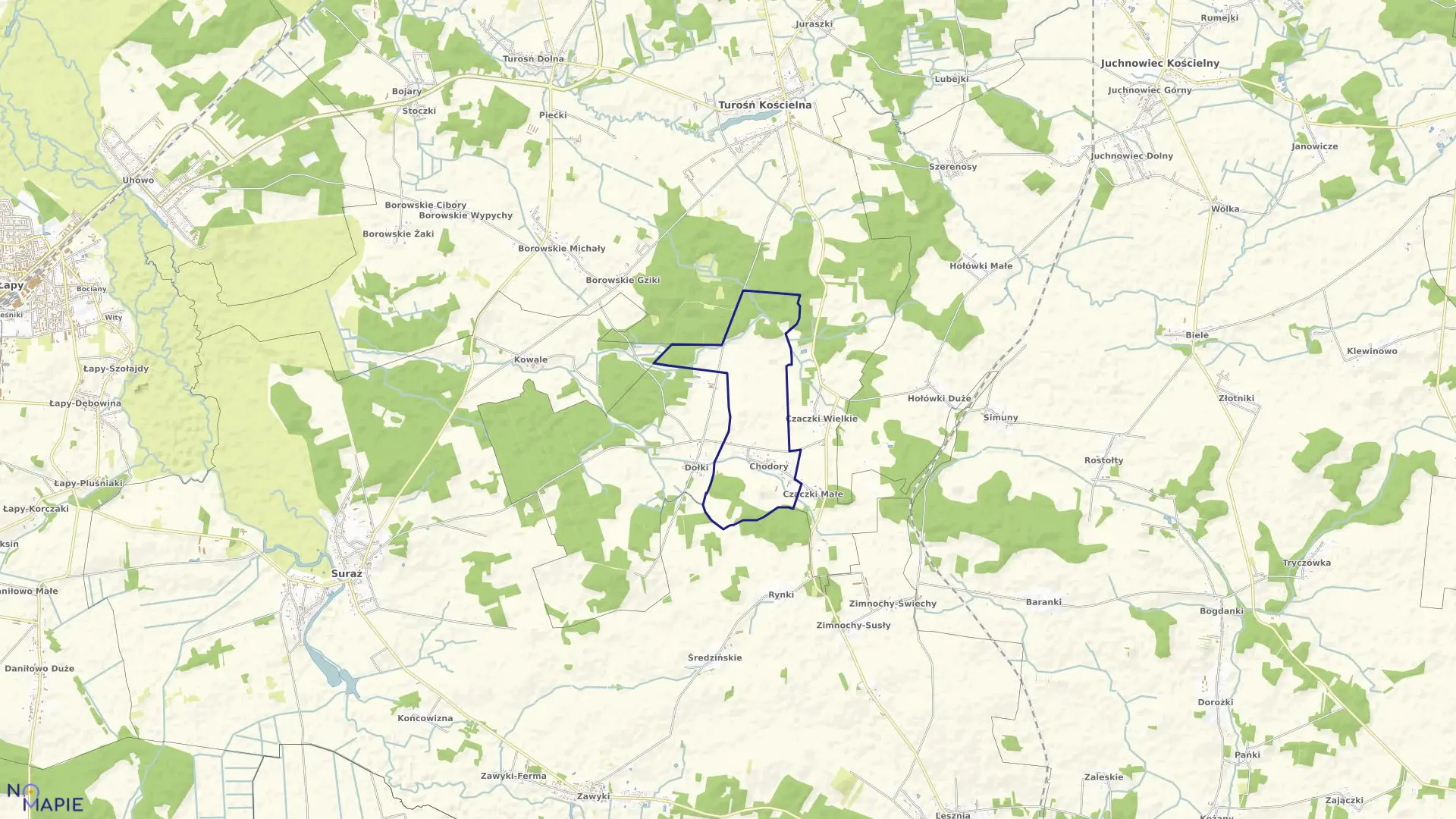Mapa obrębu CHODORY w gminie Turośń Kościelna