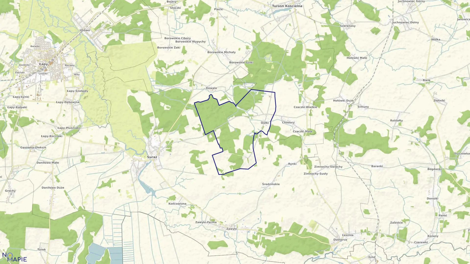 Mapa obrębu DOŁKI w gminie Turośń Kościelna