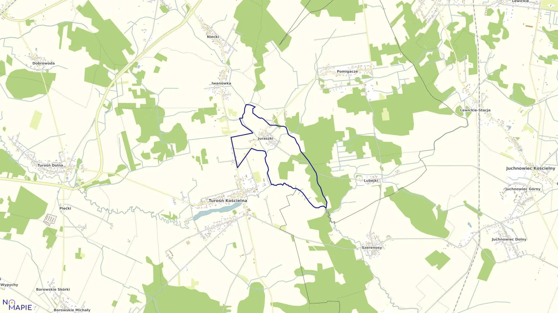 Mapa obrębu JURASZKI w gminie Turośń Kościelna