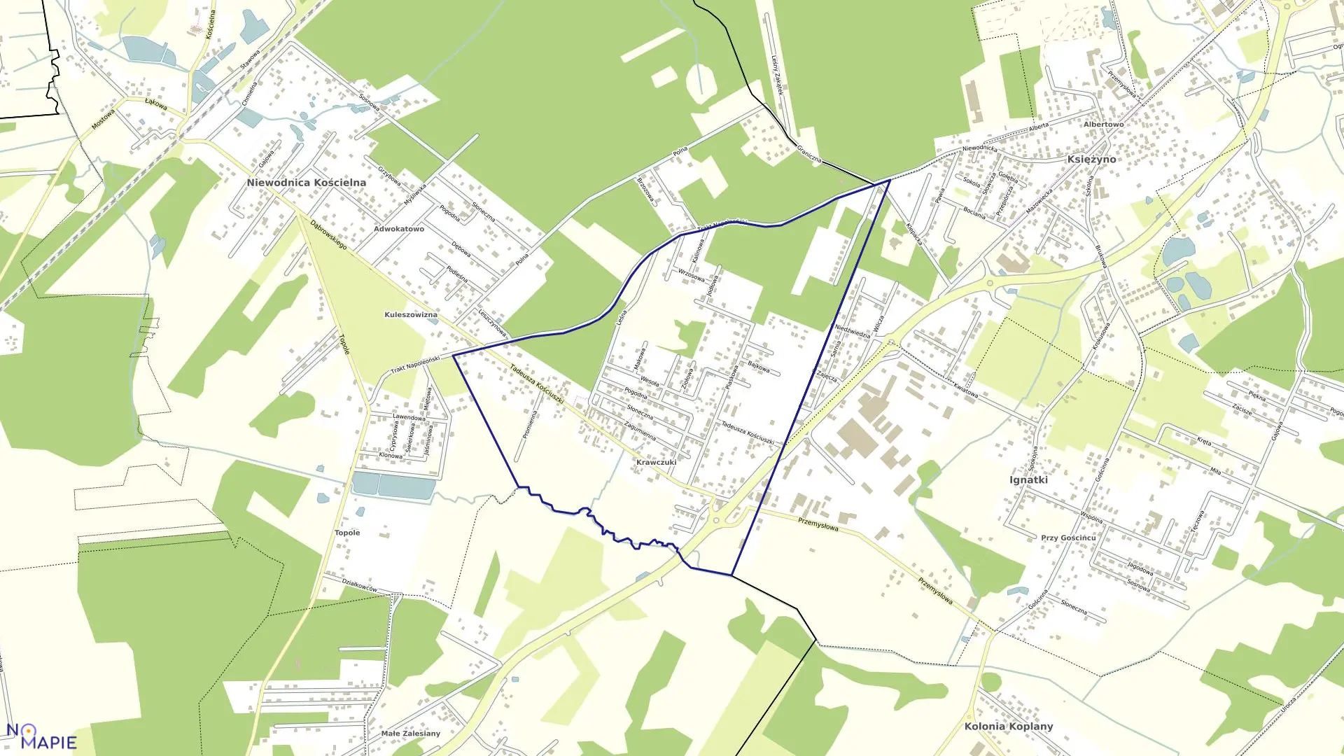 Mapa obrębu NIEWODNICA KORYCKA w gminie Turośń Kościelna