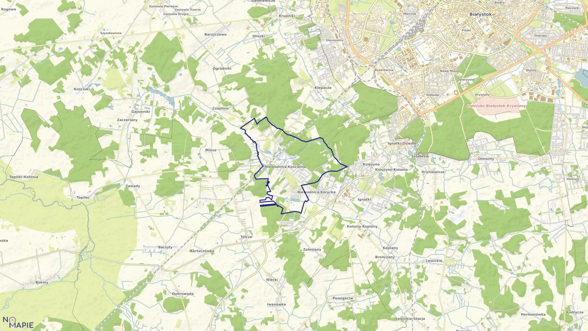 Mapa obrębu NIEWODNICA KOŚCIELNA w gminie Turośń Kościelna