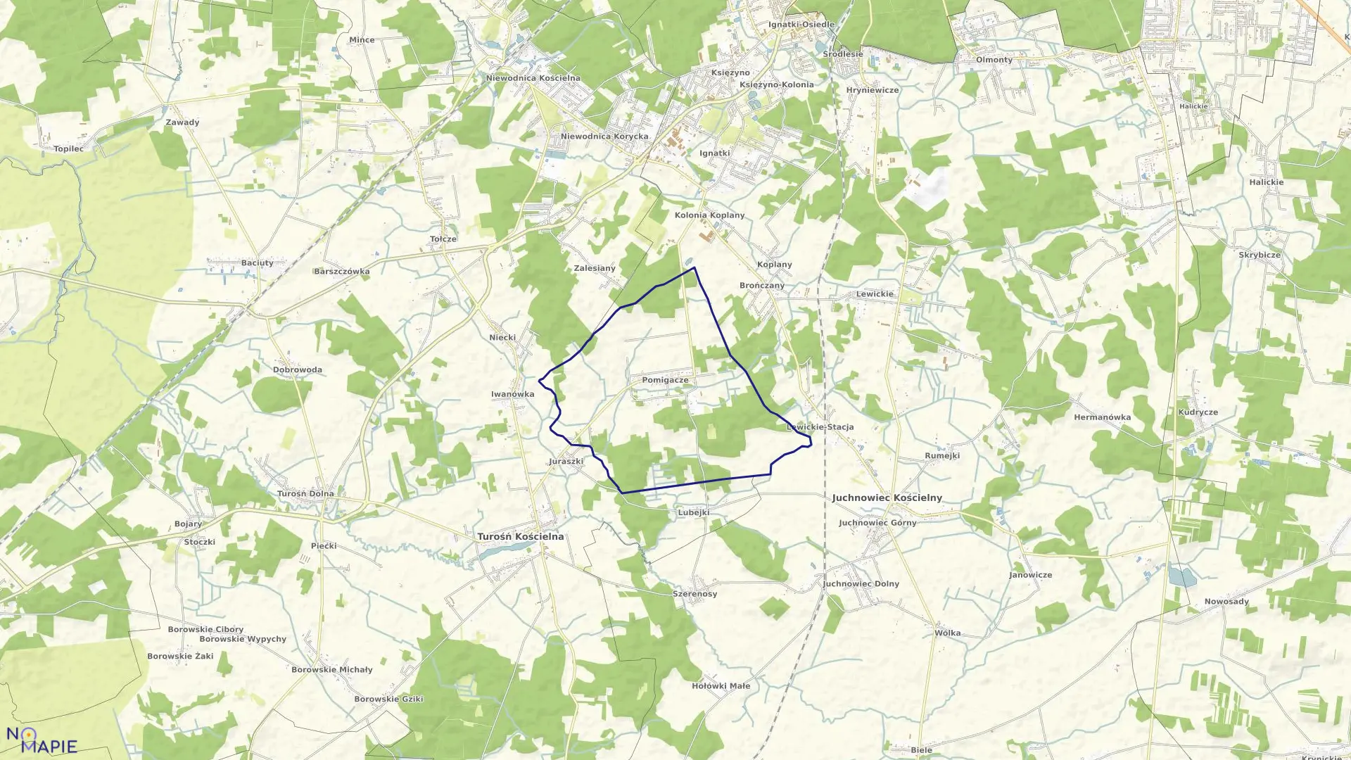 Mapa obrębu POMIGACZE w gminie Turośń Kościelna